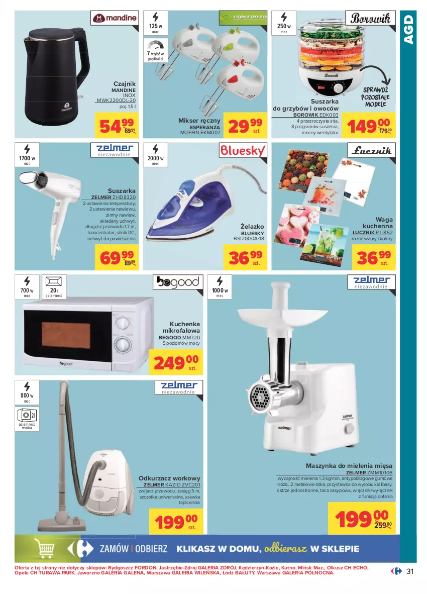 Gazetka promocyjna Carrefour - Gazetka Carrefour - ważna 23.08 do 04.09.2021 - strona 31 - produkty: Czajnik, Fa, Gra, K2, Kuchenka mikrofalowa, Maszynka, Maszynka do mielenia, Mikser, Mikser ręczny, Odkurzacz, Orka, Ser, Suszarka, Szczotka, Szynka, Taca, Waga, Zelmer