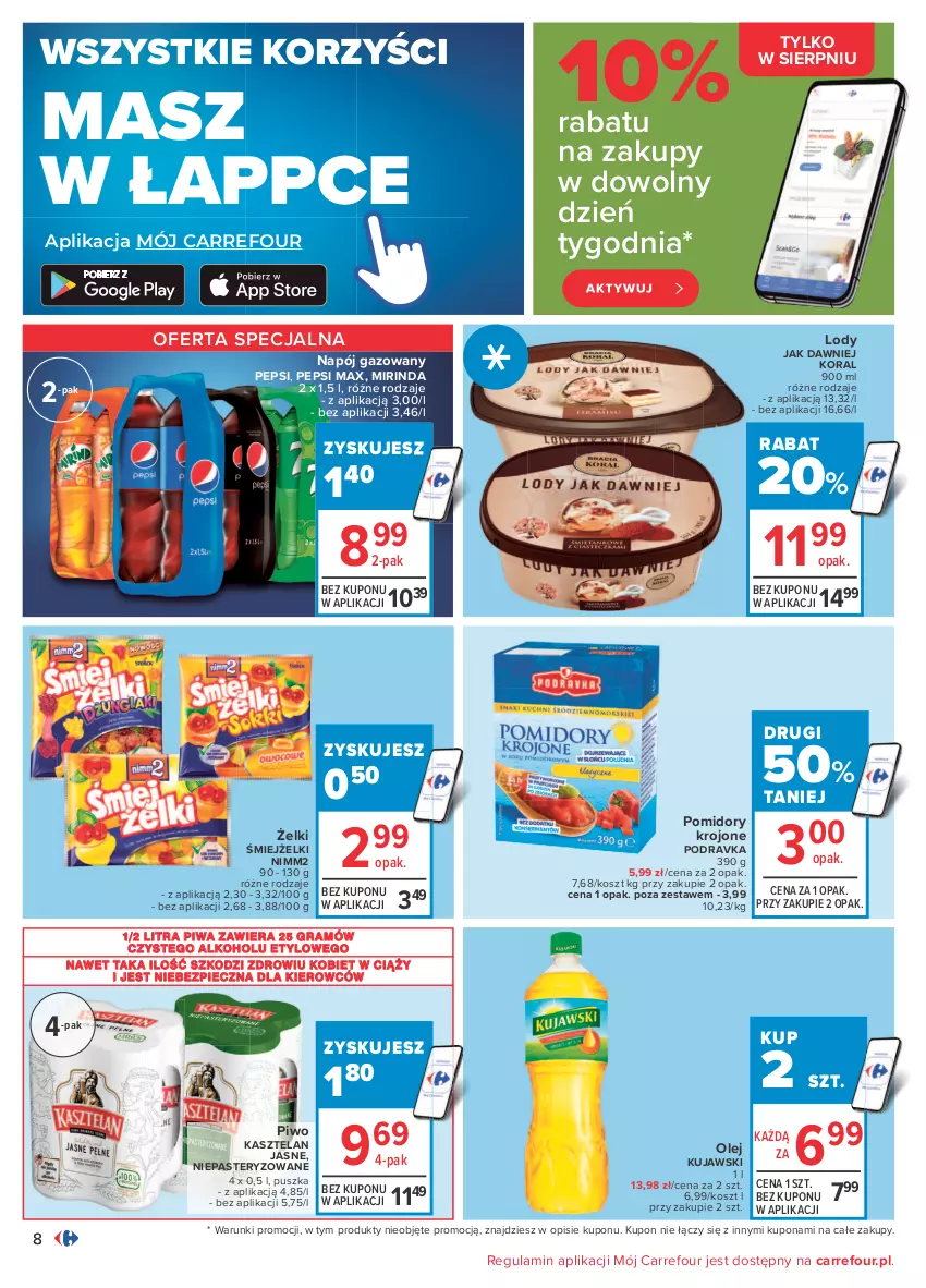 Gazetka promocyjna Carrefour - Gazetka Carrefour - ważna 23.08 do 04.09.2021 - strona 8 - produkty: Gra, Kasztelan, Kosz, Kujawski, Lody, Mirinda, Napój, Napój gazowany, Nimm2, Olej, Pepsi, Pepsi max, Piec, Piwa, Piwo, Podravka, Pomidory, Pomidory krojone