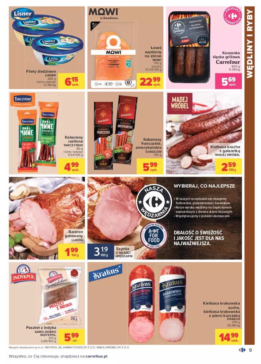 Gazetka promocyjna Carrefour - Gazetka Carrefour - ważna 23.08 do 04.09.2021 - strona 9 - produkty: Gala, Grill, Kabanos, Kasza, Kaszanka, Kiełbasa, Kiełbasa krakowska, Kiełbasa krucha, Krakus, Kurczak, Lisner, Madej Wróbel, Pasztet, Pasztet z indyka, Roślinne kabanosy, Sok, Sokołów, Szynka, Tarczyński