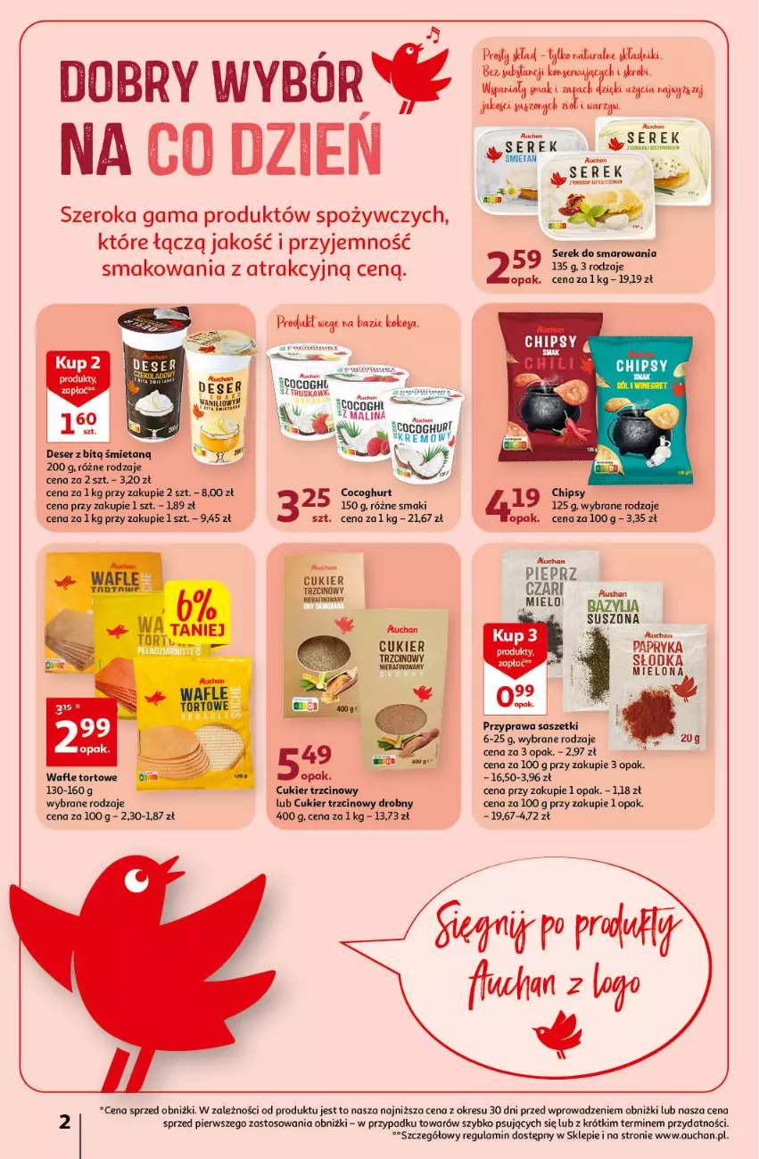 Gazetka promocyjna Auchan - Gazetka Rewelacyjne Marki Auchan Supermarket Auchan - ważna 26.01 do 01.02.2023 - strona 2 - produkty: Bazyl, Bazylia, Chipsy, Cukier, Cukier trzcinowy, Deser, O nas, Pieprz, Ser, Serek, Wafle, Wasa