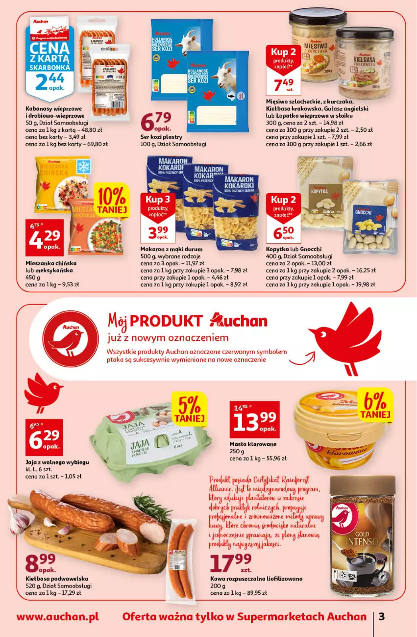 Gazetka promocyjna Auchan - Gazetka Rewelacyjne Marki Auchan Supermarket Auchan - ważna 26.01 do 01.02.2023 - strona 3 - produkty: Gnocchi, Jaja, Jaja z wolnego wybiegu, Kabanos, Kiełbasa, Kiełbasa krakowska, Kiełbasa podwawelska, Kopytka, Kurczak, Makaron, Masło, Masło klarowane, Rum, Ser, Ser kozi, Wawel