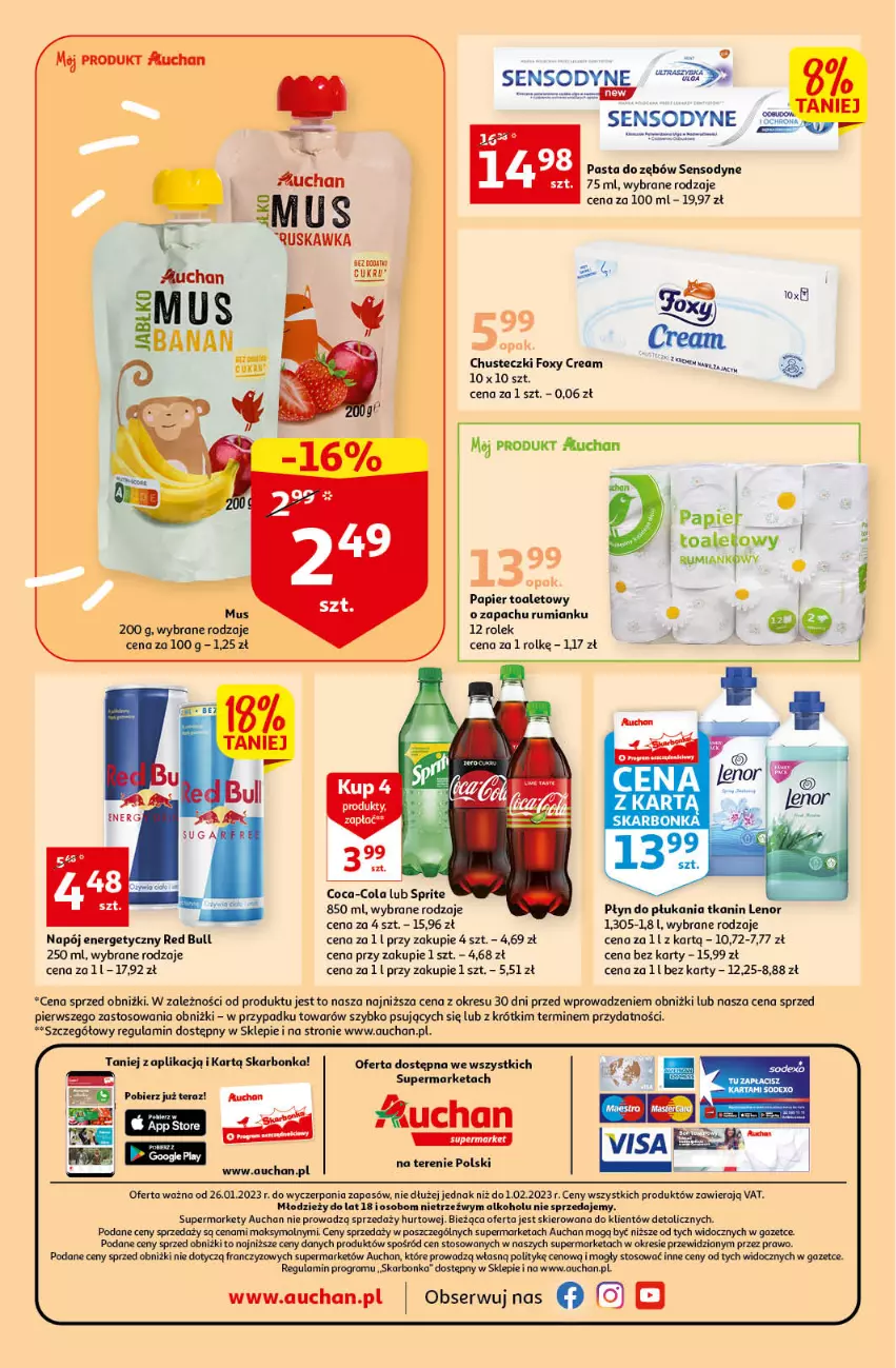 Gazetka promocyjna Auchan - Gazetka Rewelacyjne Marki Auchan Supermarket Auchan - ważna 26.01 do 01.02.2023 - strona 8 - produkty: Chusteczki, Coca-Cola, Foxy, Gra, Lenor, Napój, Napój energetyczny, O nas, Papier, Papier toaletowy, Pasta do zębów, Płyn do płukania, Red Bull, Rum, Sensodyne, Ser, Sprite, Tera