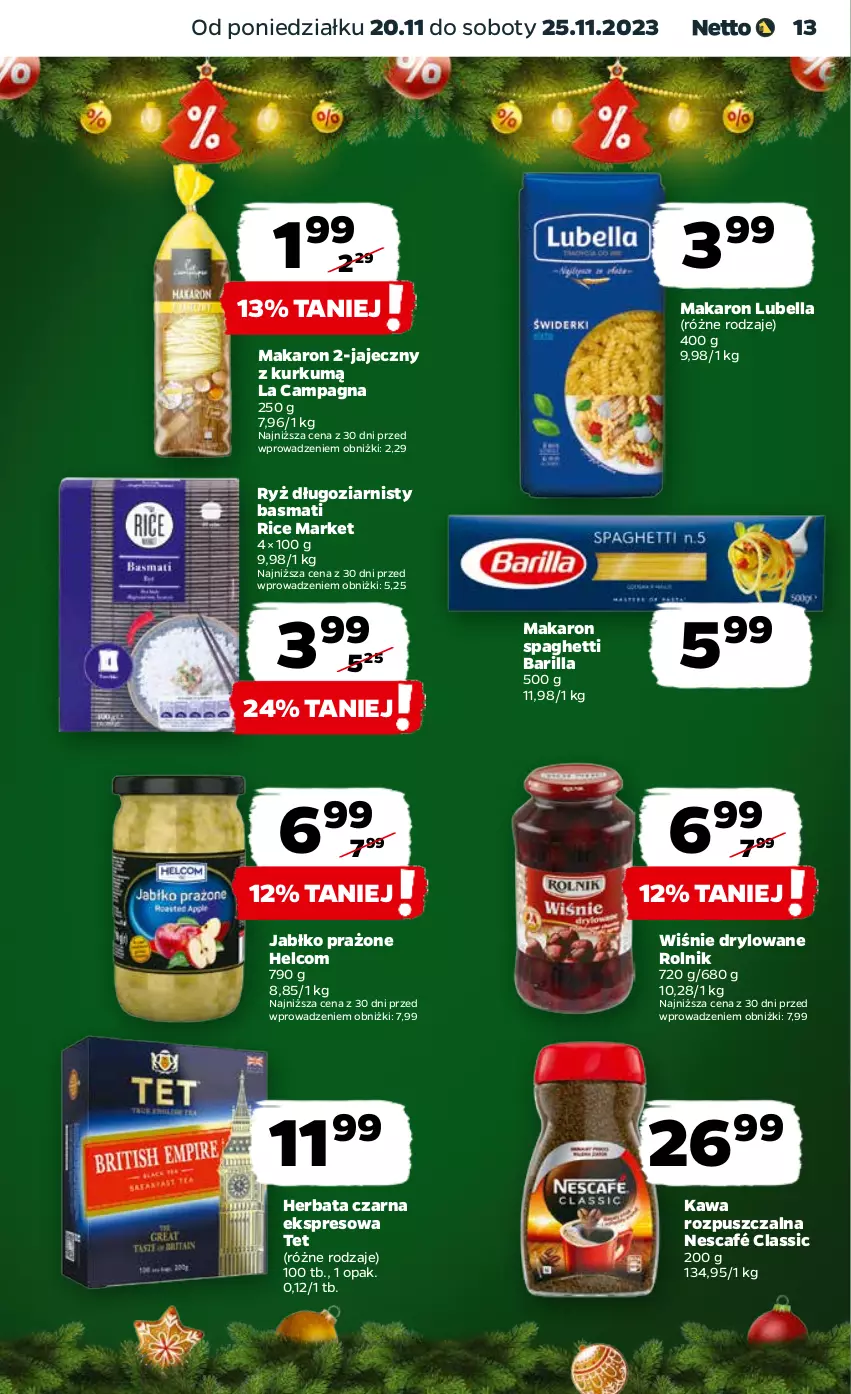 Gazetka promocyjna Netto - Artykuły spożywcze - ważna 20.11 do 25.11.2023 - strona 13 - produkty: Barilla, Bell, Bella, HELCOM, Herbata, Herbata czarna, Kawa, Kawa rozpuszczalna, Lubella, Makaron, Nescafé, Rolnik, Ryż, Spaghetti