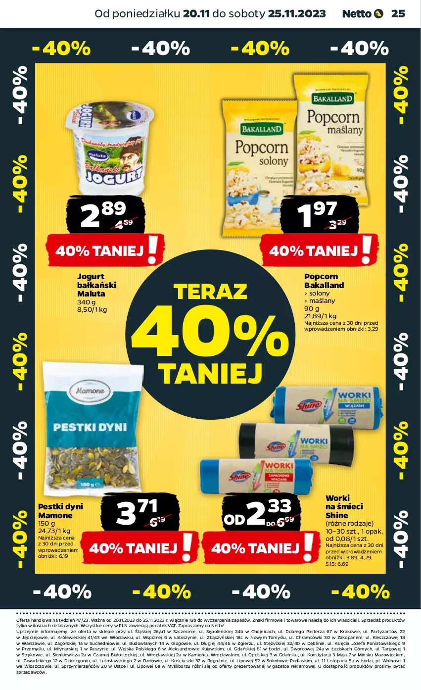 Gazetka promocyjna Netto - Artykuły spożywcze - ważna 20.11 do 25.11.2023 - strona 25 - produkty: Bakalland, Fa, Jogurt, Kujawski, Pestki dyni, Podlaski, Popcorn, Sok, Stock, Tera, Top, Worki na śmiec, Worki na śmieci