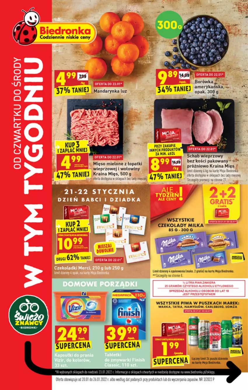 Gazetka promocyjna Biedronka - ważna 19.01 do 01.02.2022 - strona 1 - produkty: Borówka, Carlsberg, Dron, Fa, Gra, Milka, Piwa, Schab wieprzowy, Tatra, Warka