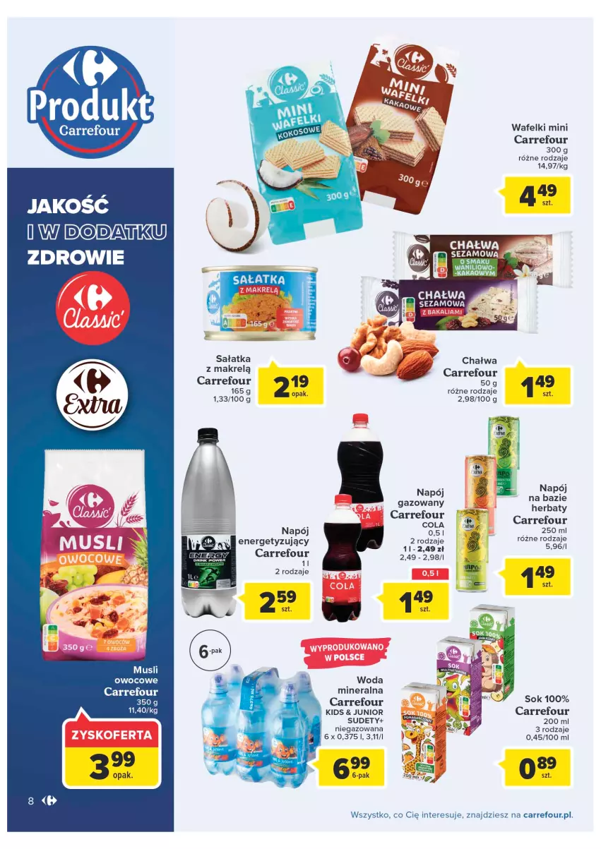 Gazetka promocyjna Carrefour - Gazetka Produkty Carrefour w mądrej cenie - ważna 31.05 do 11.06.2022 - strona 8 - produkty: Chałwa, Kakao, Makrelą, Mus, Napój, Napój gazowany, Sałat, Sałatka, Sok, Woda, Zdrowie