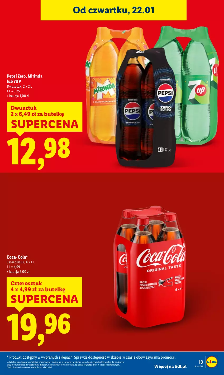 Gazetka promocyjna Lidl - GAZETKA - ważna 22.01 do 25.01.2026 - strona 13 - produkty: 7up, Coca-Cola, Mirinda, Pepsi