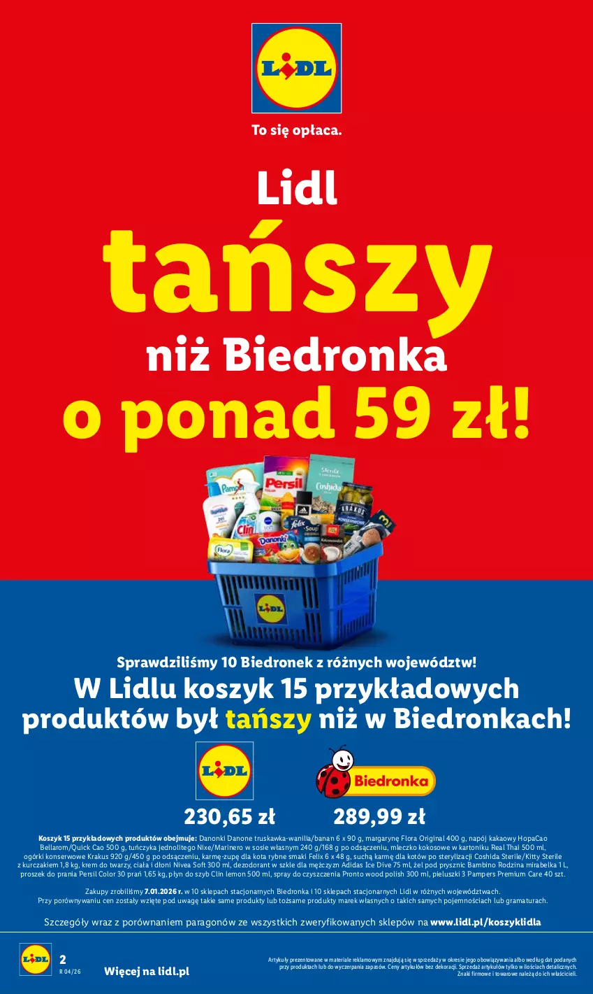 Gazetka promocyjna Lidl - GAZETKA - ważna 22.01 do 25.01.2026 - strona 2 - produkty: Adidas, Bell, Bella, Clin, Danone, Danonki, Dezodorant, Dron, Felix, Flora, Gin, Gra, Kakao, Kokos, Kosz, Krakus, Krem do twarzy, Kurczak, Mleczko, Napój, Nivea, Ogórki konserwowe, Pampers, Persil, Płyn do szyb, Por, Pronto, Proszek do prania, Rama, Ser, Sos, Spray do czyszczenia, Tonik, Tuńczyk