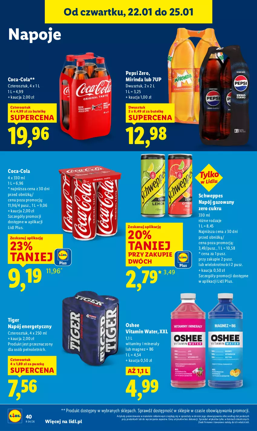 Gazetka promocyjna Lidl - GAZETKA - ważna 22.01 do 25.01.2026 - strona 40 - produkty: 7up, Coca-Cola, Magnez, Mirinda, Napój, Napój energetyczny, Napój gazowany, Napoje, Oshee, Pepsi, Schweppes, Tiger