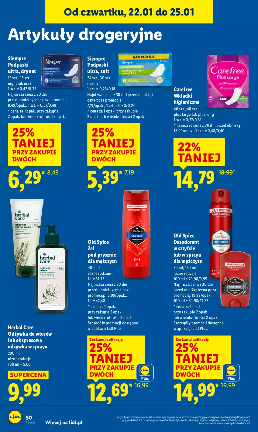 Gazetka promocyjna Lidl - GAZETKA - ważna 22.01 do 25.01.2026 - strona 50 - produkty: Carefree, Dezodorant, Odżywka, Old Spice, Podpaski, Wkładki