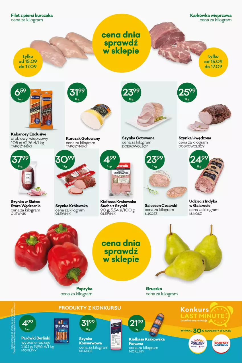 Gazetka promocyjna Groszek - ważna 01.09 do 13.09.2022 - strona 3 - produkty: Filet z piersi kurczaka, Gala, Gra, Kabanos, Karkówka wieprzowa, Kiełbasa, Kiełbasa krakowska, Kosz, Kurczak, Kurczak gotowany, Morliny, Olewnik, Papryka, Salceson, Samsung, Ser, Szynka, Szynka Królewska, Tago, Udziec z indyka