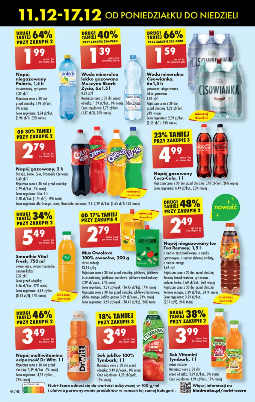 Gazetka promocyjna Biedronka - Od poniedzialku - ważna 11.12 do 16.12.2023 - strona 48 - produkty: Cisowianka, Coca-Cola, Dron, Ice tea, Kosz, Mango, Mus, Napój, Napój gazowany, Napój niegazowany, Oranżada, Owoce, Por, Rama, Sok, Szyna, Tymbark, Woda, Woda mineralna