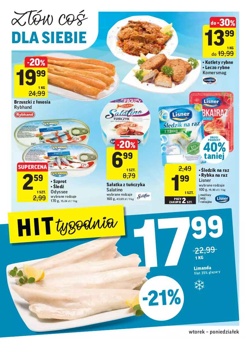 Gazetka promocyjna Intermarche - Gazetka promocyjna - ważna 09.11 do 15.11.2021 - strona 22 - produkty: Brzuszki z łososia, Kotlet, Lisner, Rybka na raz, Sałat, Sałatka, Sos, Szprot, Tuńczyk