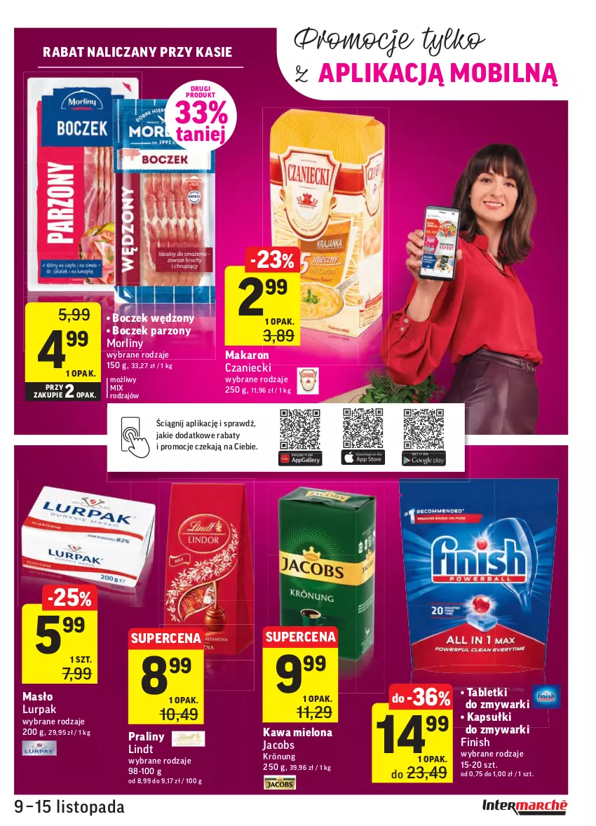 Gazetka promocyjna Intermarche - Gazetka promocyjna - ważna 09.11 do 15.11.2021 - strona 29 - produkty: Boczek, Finish, Jacobs, Jacobs Krönung, Kawa, Kawa mielona, Lindt, Lurpak, Makaron, Masło, Mobil, Morliny, Praliny, Tablet, Tabletki do zmywarki, Top, Zmywarki