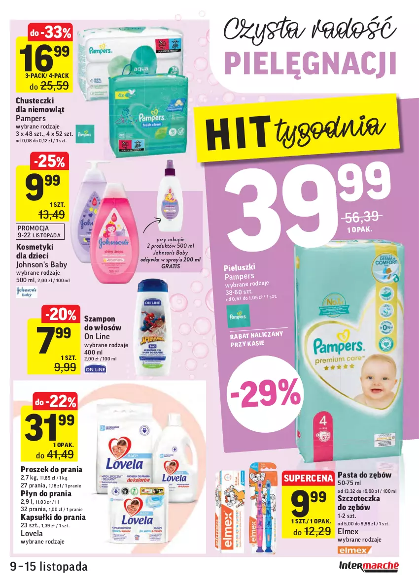 Gazetka promocyjna Intermarche - Gazetka promocyjna - ważna 09.11 do 15.11.2021 - strona 33 - produkty: Baby O, Chusteczki, Dzieci, Elmex, Gra, Johnson's, Johnson's Baby, Kapsułki do prania, Kosmetyki dla dzieci, Lovela, Odżywka, Pampers, Płyn do prania, Proszek do prania, Szampon, Szczoteczka, Szczoteczka do zębów, Top