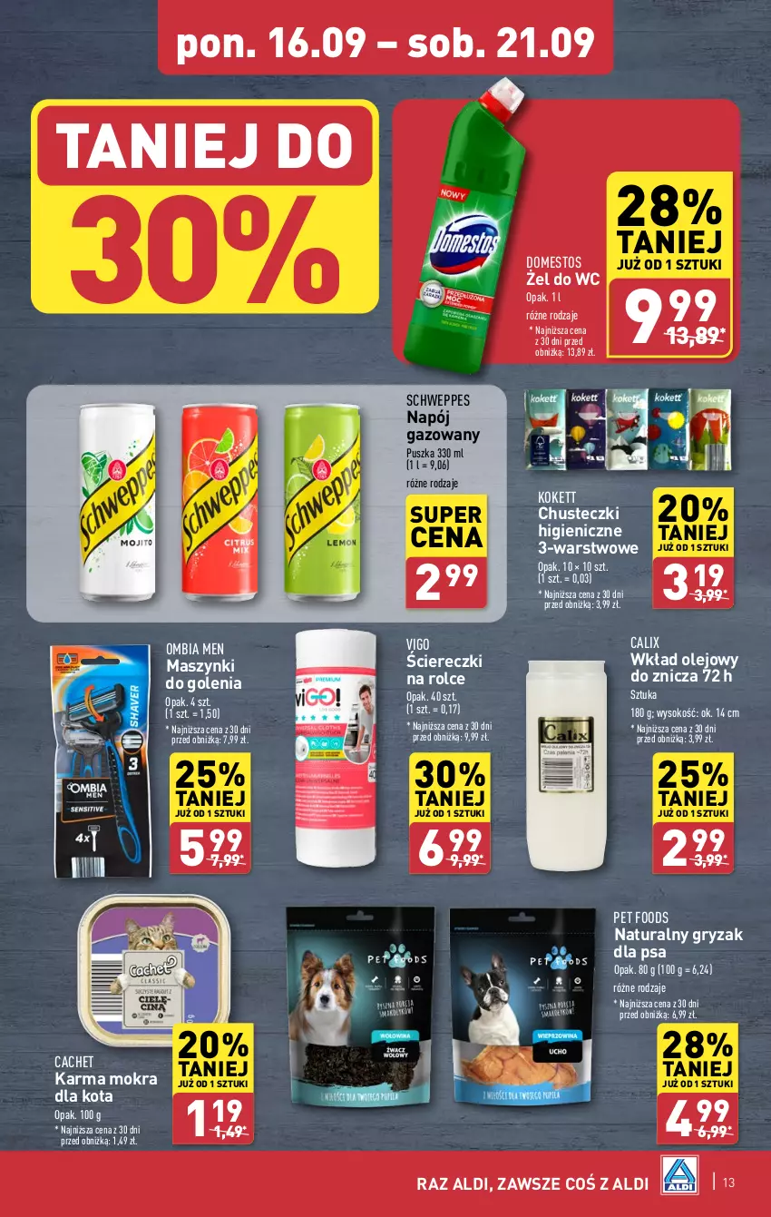 Gazetka promocyjna Aldi - Pełna oferta - ważna 16.09 do 21.09.2024 - strona 13 - produkty: Chusteczki, Domestos, Gry, Napój, Napój gazowany, Olej, Schweppes, Sok, Wkład olejowy, Znicz