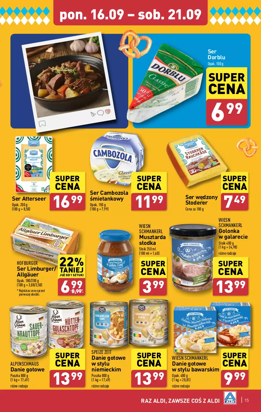 Gazetka promocyjna Aldi - Pełna oferta - ważna 16.09 do 21.09.2024 - strona 15 - produkty: Burger, Danie gotowe, Gala, Hofburger, LG, Limburger, Mus, Musztarda, Ser