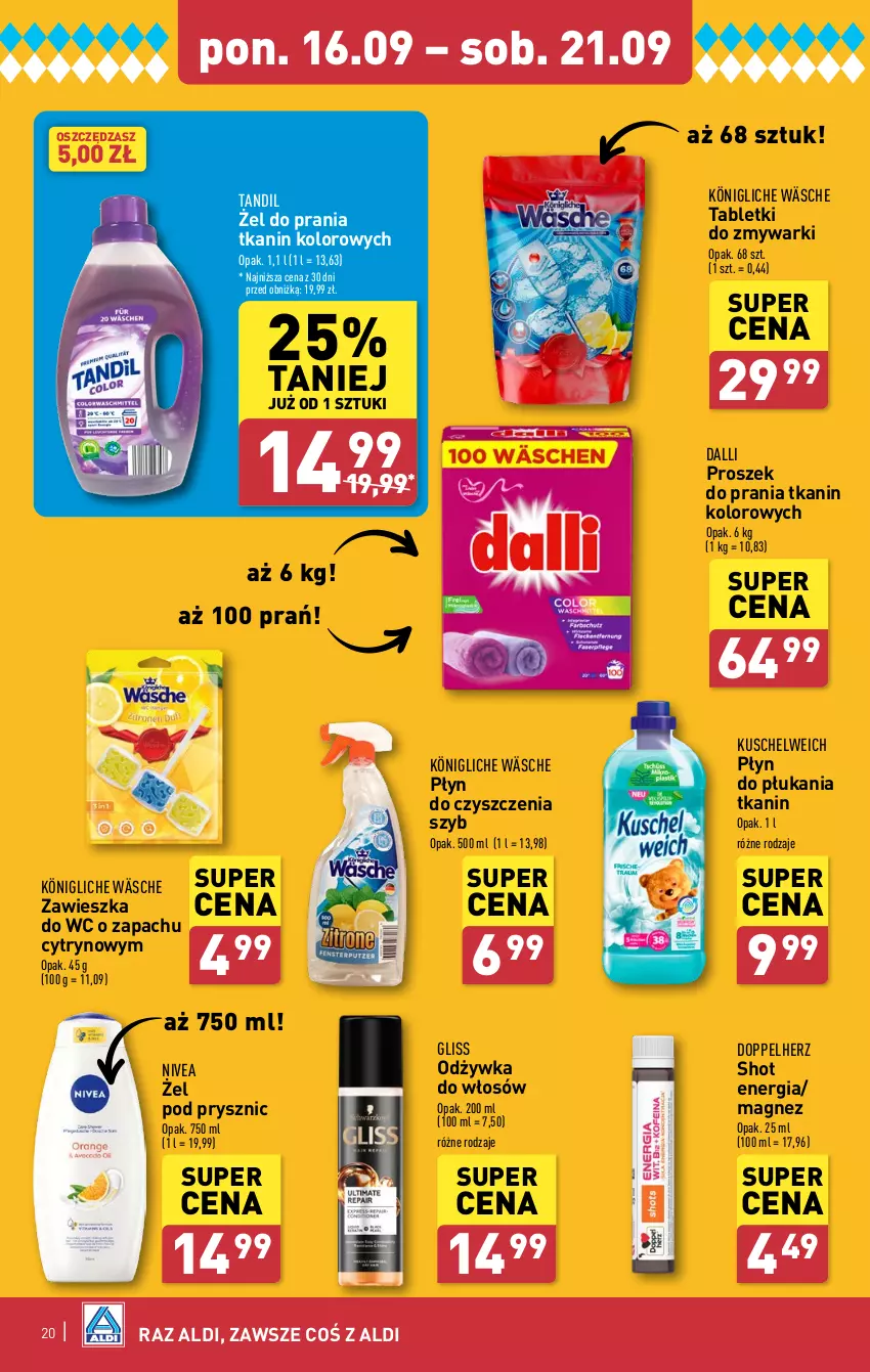 Gazetka promocyjna Aldi - Pełna oferta - ważna 16.09 do 21.09.2024 - strona 20 - produkty: Doppelherz, König, Magnez, Nivea, Odżywka, Płyn do płukania, Proszek do prania, Tablet, Tabletki do zmywarki, Zawieszka do wc, Zmywarki