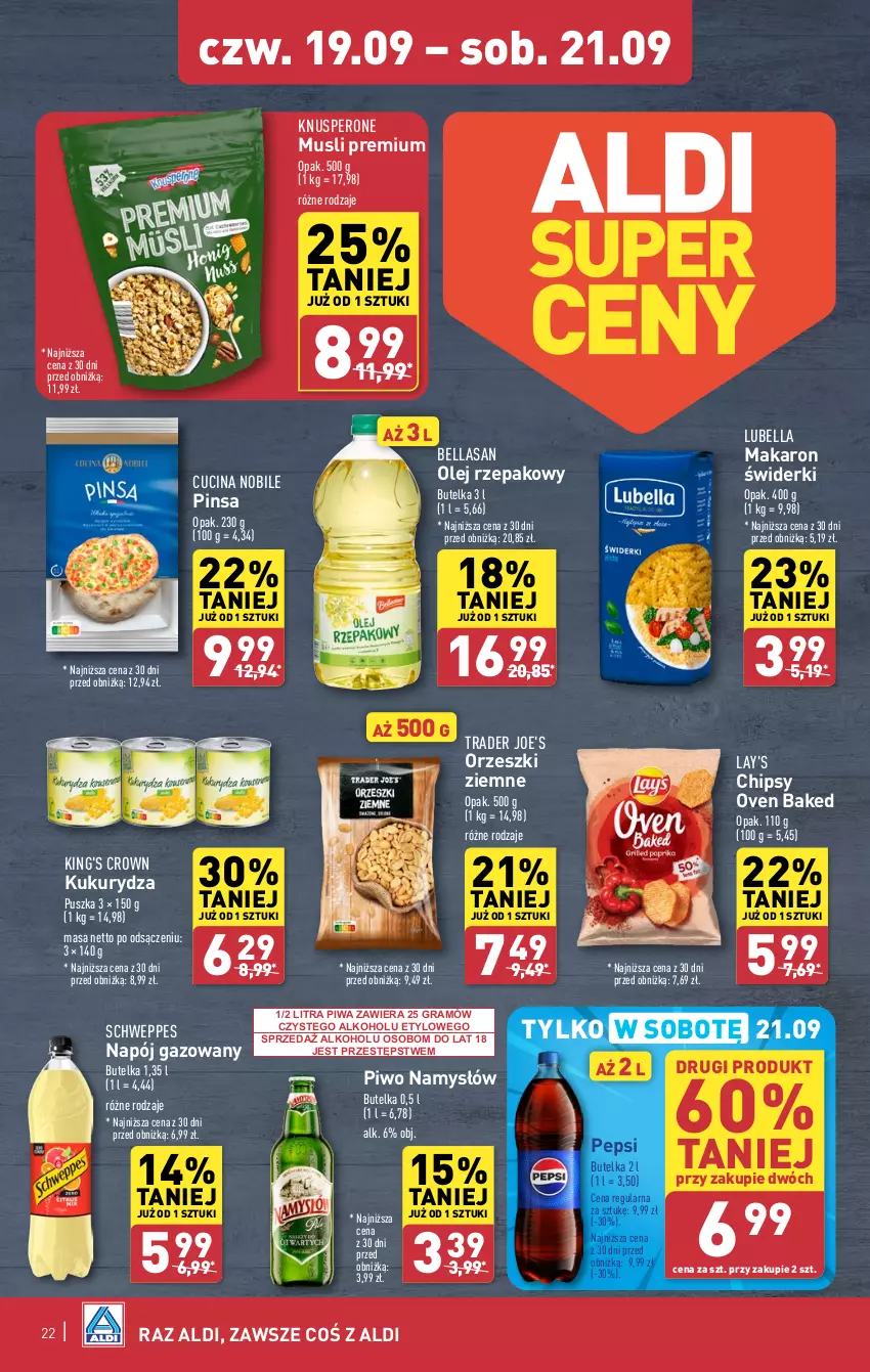 Gazetka promocyjna Aldi - Pełna oferta - ważna 16.09 do 21.09.2024 - strona 22 - produkty: Bell, Bella, Chipsy, Gra, Kukurydza, Lubella, Makaron, Mus, Namysłów, Napój, Napój gazowany, Olej, Olej rzepakowy, Orzeszki, Orzeszki ziemne, Pepsi, Piwa, Piwo, Schweppes