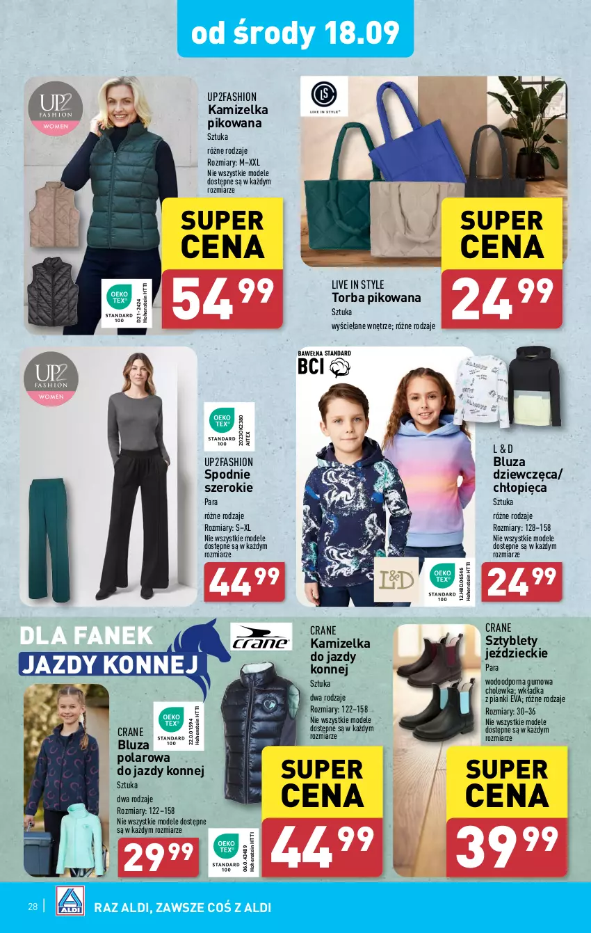 Gazetka promocyjna Aldi - Pełna oferta - ważna 16.09 do 21.09.2024 - strona 28 - produkty: Bluza, Bluza polarowa, Fa, K2, Kamizelka, Por, Spodnie, Sztyblety, Torba