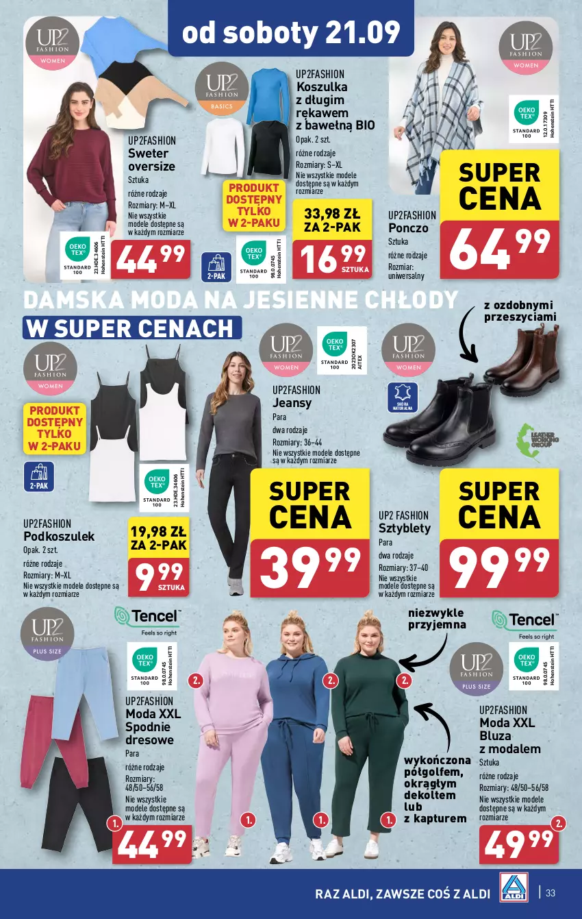 Gazetka promocyjna Aldi - Pełna oferta - ważna 16.09 do 21.09.2024 - strona 33 - produkty: Bluza, Dres, Fa, K2, Kosz, Koszulka, Moda, Podkoszulek, Ponczo, Spodnie, Spodnie dresowe, Sweter, Sztyblety