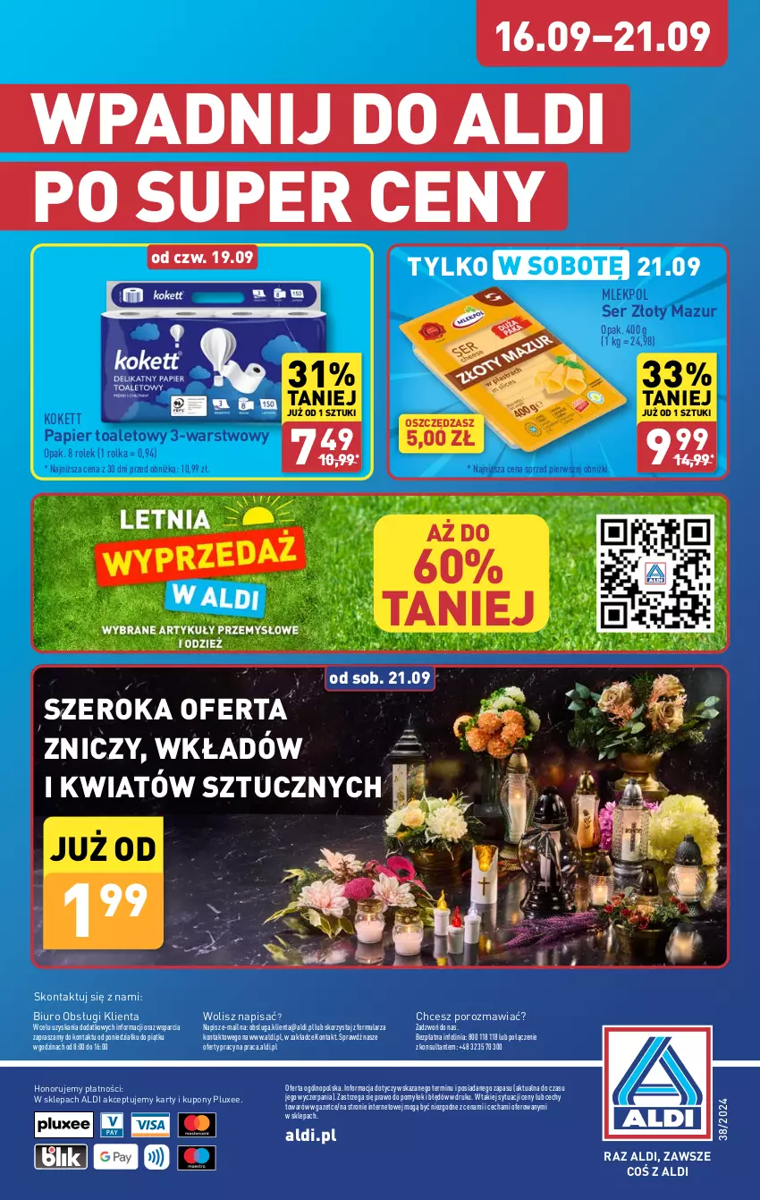 Gazetka promocyjna Aldi - Pełna oferta - ważna 16.09 do 21.09.2024 - strona 38 - produkty: Biuro, O nas, Papier, Papier toaletowy, Por, Ser, Złoty Mazur, Znicz