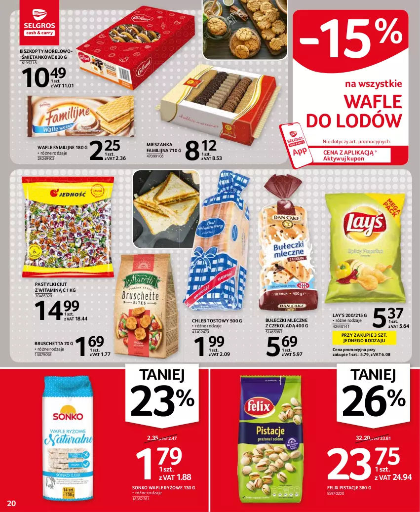 Gazetka promocyjna Selgros - Oferta spożywcza - ważna 22.07 do 04.08.2021 - strona 20 - produkty: Biszkopty, Bułeczki, Bułeczki mleczne, Chleb, Chleb tostowy, Fa, Felix, Lay’s, Pastylki, Pistacje, Ryż, Sonko, Wafle, Wafle do lodów