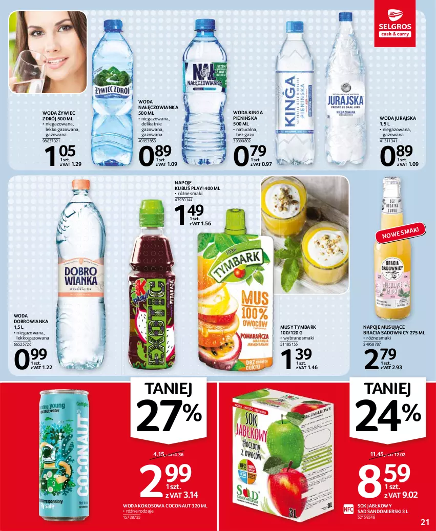 Gazetka promocyjna Selgros - Oferta spożywcza - ważna 22.07 do 04.08.2021 - strona 21 - produkty: Dobrowianka, Kokos, Kubuś, Mus, Nałęczowianka, Napoje, Sok, Sok jabłkowy, Tymbark, Woda