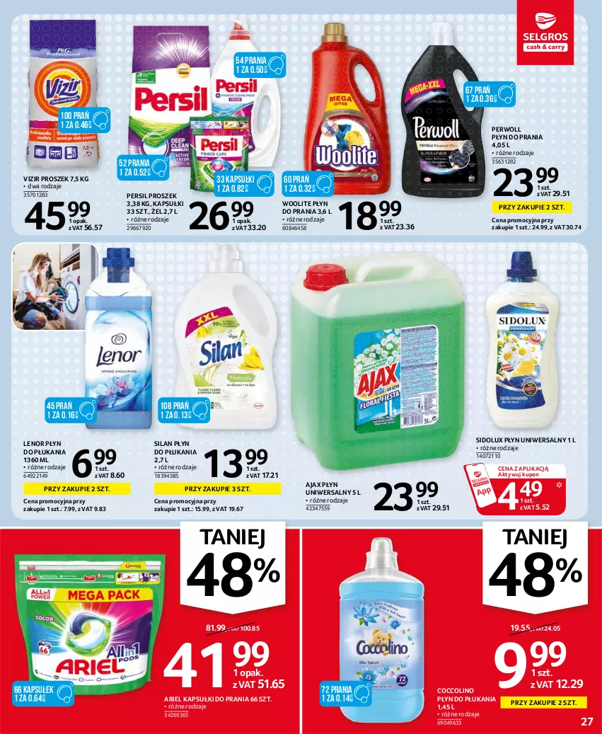 Gazetka promocyjna Selgros - Oferta spożywcza - ważna 22.07 do 04.08.2021 - strona 27 - produkty: Ajax, Ariel, Coccolino, Kapsułki do prania, Lenor, Persil, Perwoll, Płyn do płukania, Płyn do prania, Sidolux, Silan, Vizir, Woolite