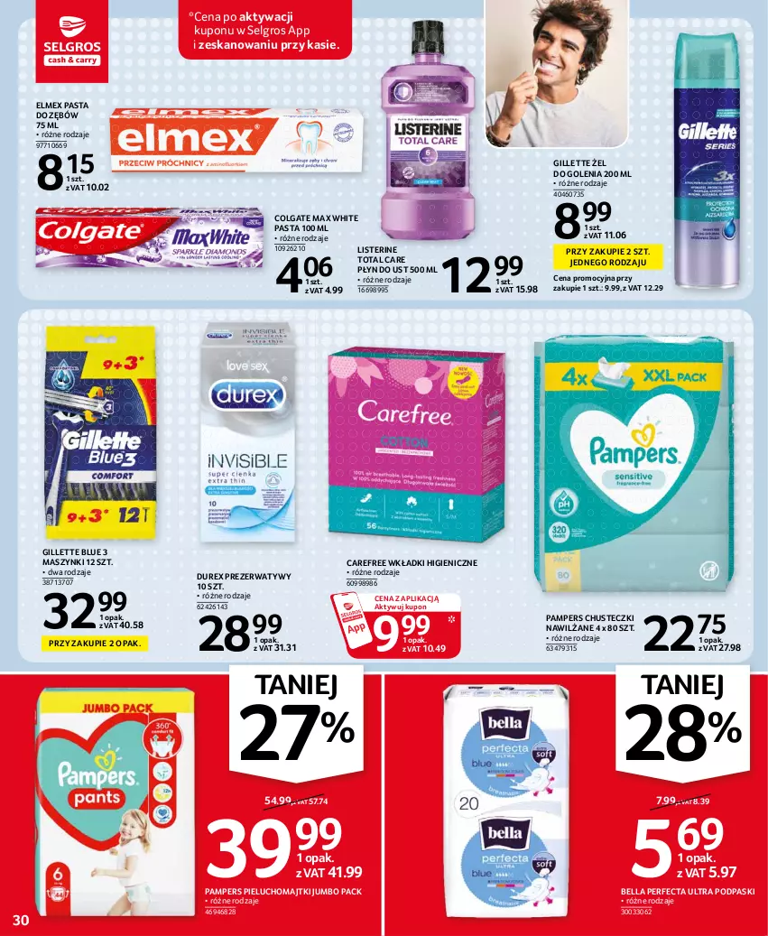 Gazetka promocyjna Selgros - Oferta spożywcza - ważna 22.07 do 04.08.2021 - strona 30 - produkty: Bell, Bella, Carefree, Chusteczki, Colgate, Durex, Elmex, Gillette, LG, Listerine, Majtki, Pampers, Pasta do zębów, Perfecta, Pieluchomajtki, Podpaski, Prezerwatyw, Wkładki