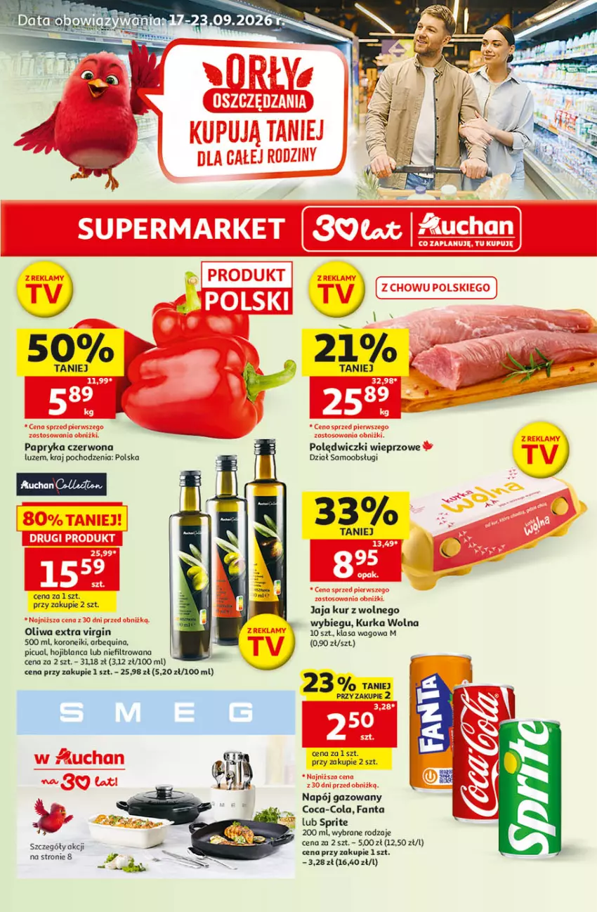 Gazetka promocyjna Auchan - Gazetka 30 Lat Supermarket Auchan - ważna 17.09 do 23.09.2026 - strona 1 - produkty: Coca-Cola, Fa, Fanta, Gin, Jaja, Napój, Napój gazowany, Papryka, Papryka czerwona, Sprite