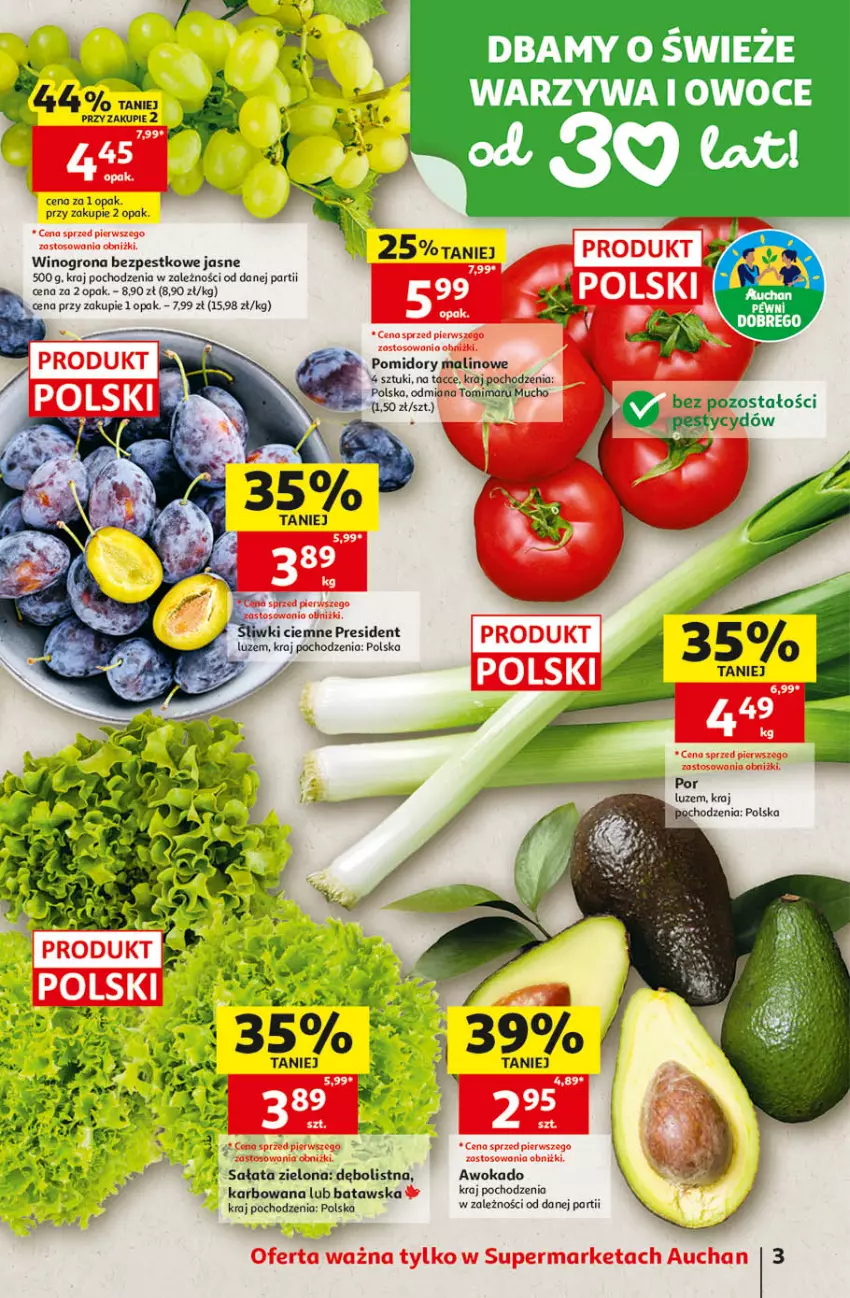 Gazetka promocyjna Auchan - Gazetka 30 Lat Supermarket Auchan - ważna 17.09 do 23.09.2026 - strona 3 - produkty: LG, Pomidory, Por, Sałat, Wino, Winogrona, Winogrona bezpestkowe