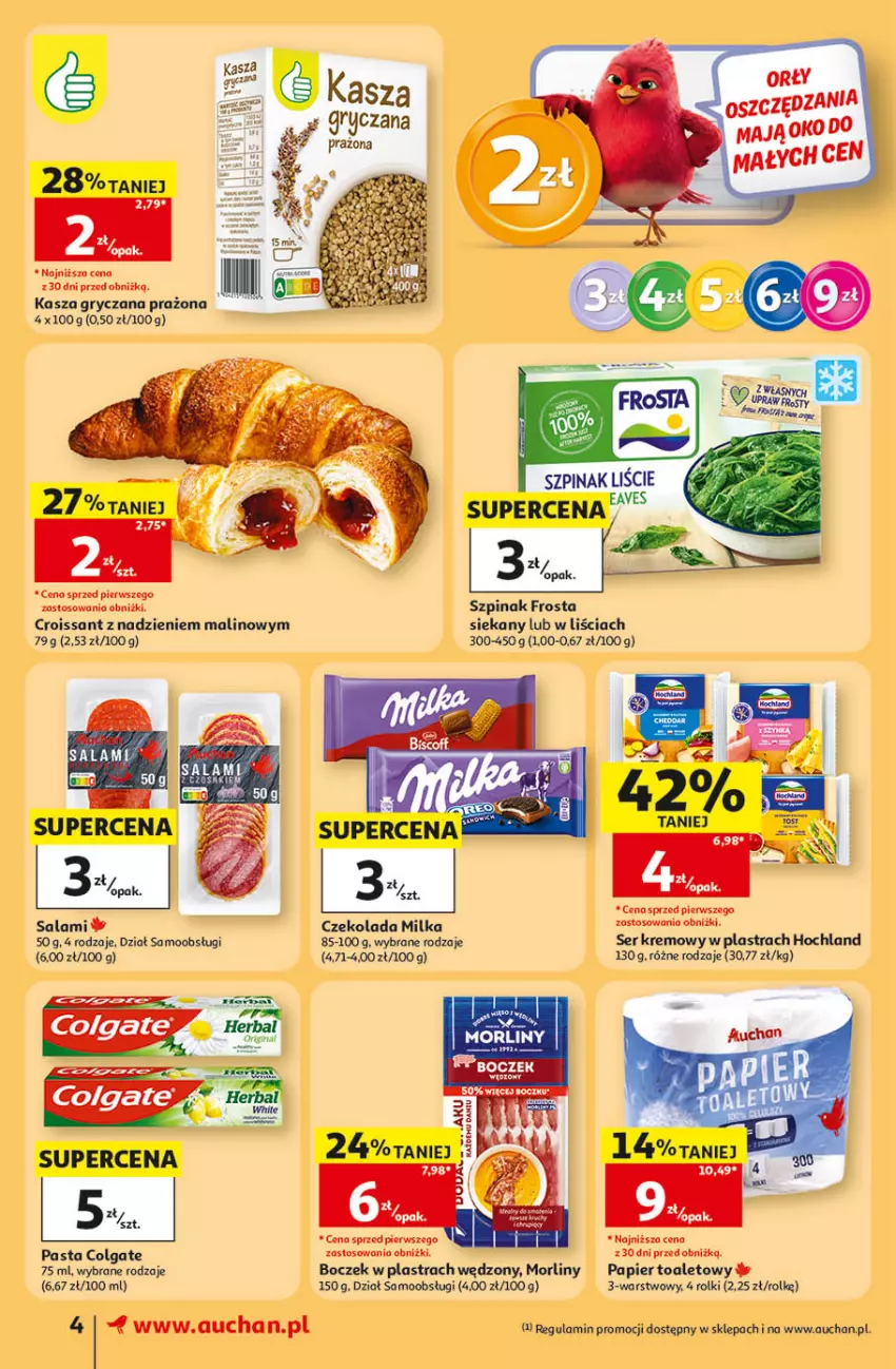 Gazetka promocyjna Auchan - Gazetka 30 Lat Supermarket Auchan - ważna 17.09 do 23.09.2026 - strona 4 - produkty: Boczek, Colgate, Croissant, Czekolada, Frosta, Gry, Hochland, Kasza, Kasza gryczana, LG, Milka, Morliny, Papier, Papier toaletowy, Rolki, Salami, Ser, Szpinak