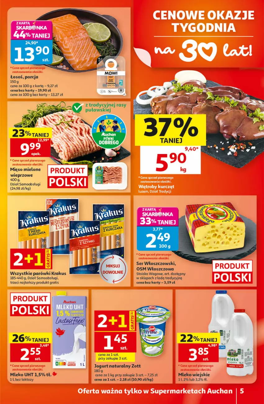 Gazetka promocyjna Auchan - Gazetka 30 Lat Supermarket Auchan - ważna 17.09 do 23.09.2026 - strona 5 - produkty: Gra, Jogurt, Jogurt naturalny, Krakus, Mleko, Parówki, Por, Ser, Włoszczowski, Zott