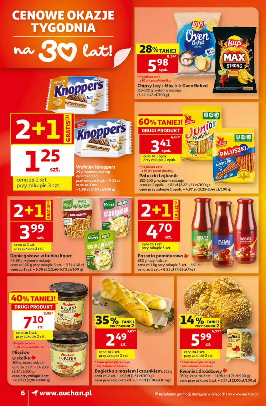 Gazetka promocyjna Auchan - Gazetka 30 Lat Supermarket Auchan - ważna 17.09 do 23.09.2026 - strona 6 - produkty: Bagietka, Chipsy, Danie gotowe, Knorr, Lajkonik
