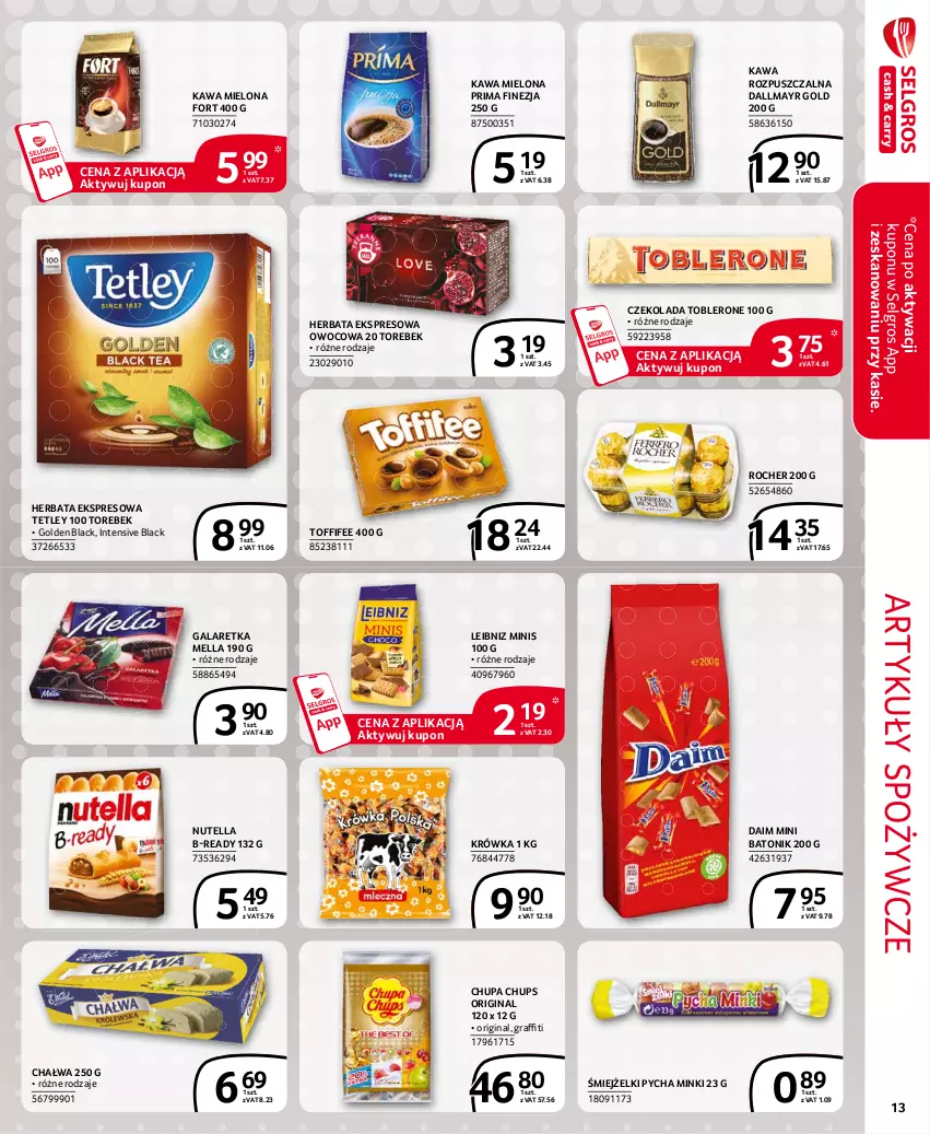 Gazetka promocyjna Selgros - Extra Oferta - ważna 01.02 do 28.02.2021 - strona 13 - produkty: Artykuły spożywcze, Baton, Chałwa, Chupa Chups, Czekolada, Dallmayr, Gala, Galaretka, Gin, Gra, Herbata, Kawa, Kawa mielona, Kawa rozpuszczalna, Lack, LG, Nutella, Prima, Tetley, Toblerone, Toffifee, Tonik