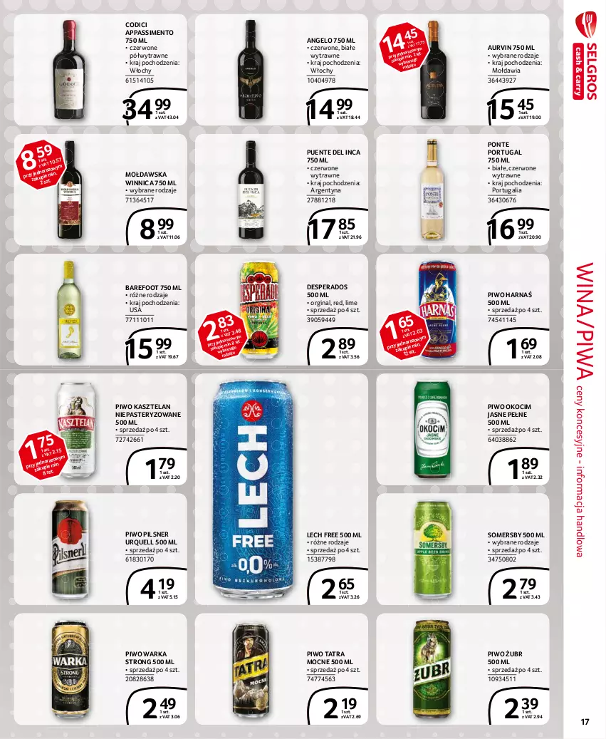 Gazetka promocyjna Selgros - Extra Oferta - ważna 01.02 do 28.02.2021 - strona 17 - produkty: Barefoot, Desperados, Gin, Harnaś, Kasztelan, Koc, Okocim, Pilsner Urquell, Piwa, Piwo, Por, Somersby, Tatra, Warka