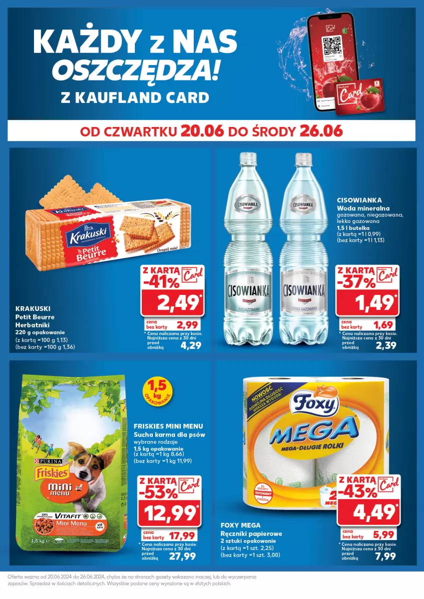 Gazetka promocyjna Kaufland - Kaufland - ważna 24.06 do 26.06.2024 - strona 25 - produkty: Cisowianka, Foxy, Friskies, Herbatniki, Papier, Ręcznik, Ręczniki papierowe, Sucha karma, Woda, Woda mineralna