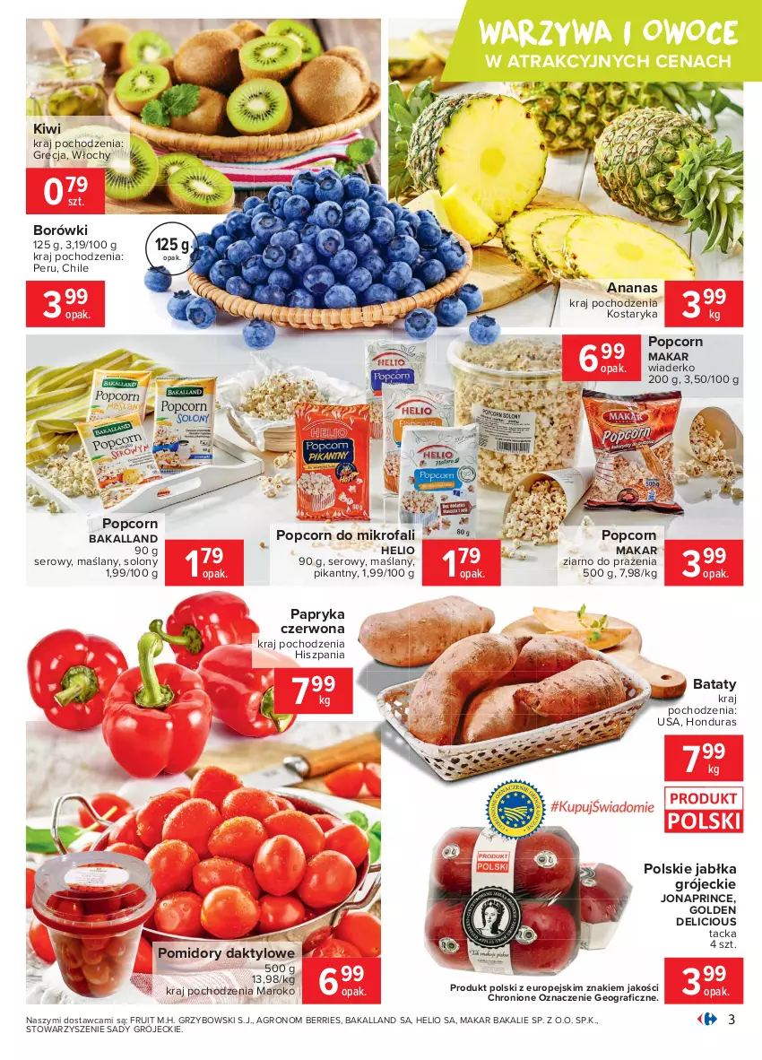 Gazetka promocyjna Carrefour - Gazetka Carrefour - ważna 15.02 do 22.02.2021 - strona 3 - produkty: Ananas, Bakalland, Fa, Gra, Helio, Jabłka, Kiwi, Owoce, Papryka, Papryka czerwona, Pomidory, Popcorn, Ser, Warzywa, Warzywa i owoce