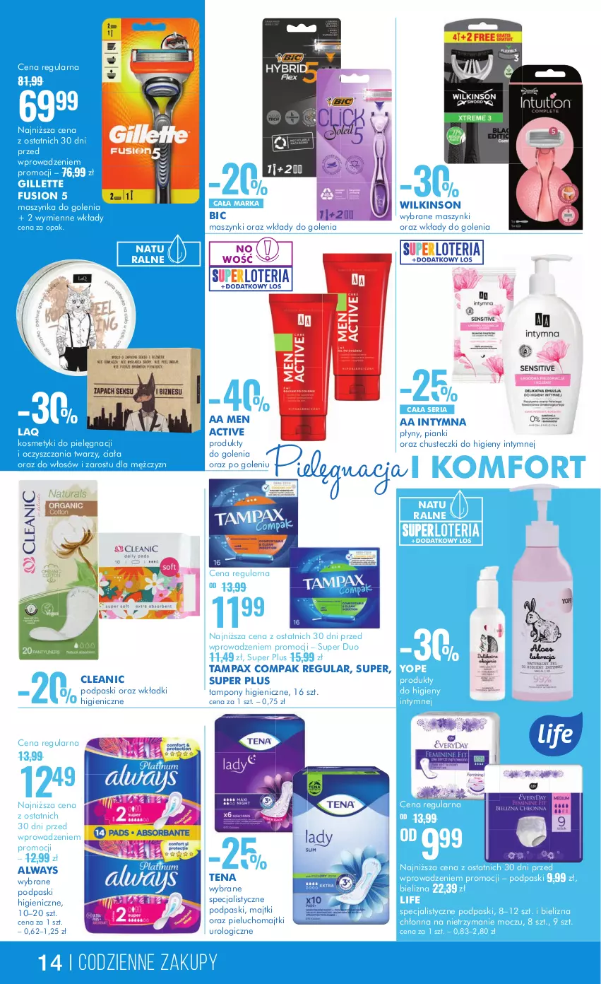 Gazetka promocyjna Super Pharm - Gazetka - ważna 14.09 do 27.09.2023 - strona 14 - produkty: Always, BIC, Bielizna, Chusteczki, Chusteczki do higieny, Cleanic, Fusion, Gillette, Kosmetyki do pielęgnacji, Majtki, Maszynka, Maszynka do golenia, Pax, Pieluchomajtki, Podpaski, Ser, Szynka, Tampax, Tampony, Wkładki, Yope