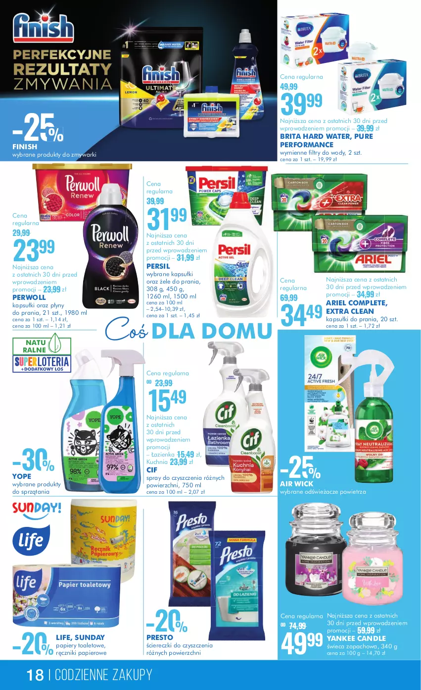 Gazetka promocyjna Super Pharm - Gazetka - ważna 14.09 do 27.09.2023 - strona 18 - produkty: Air Wick, Ariel, Brit, Brita, Cif, Finish, Kapsułki do prania, Kuchnia, Papier, Persil, Perwoll, Presto, Pur, Ręcznik, Ręczniki papierowe, Spray do czyszczenia, Yope, Zmywarki