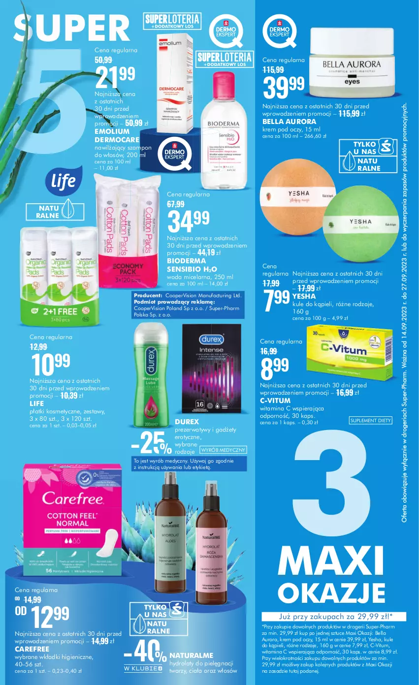 Gazetka promocyjna Super Pharm - Gazetka - ważna 14.09 do 27.09.2023 - strona 2 - produkty: Bell, Bella, Bioderma, Carefree, Durex, Emolium, Fa, Hydrolat, Krem pod oczy, Olej, Płatki kosmetyczne, Por, Prezerwatyw, Suplement diety, Szampon, Wkładki, Woda, Woda micelarna