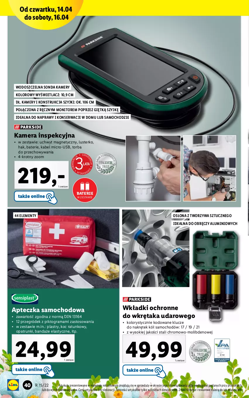 Gazetka promocyjna Lidl - GAZETKA - ważna 11.04 do 16.04.2022 - strona 40 - produkty: Apteczka samochodowa, Control, Gra, Kamera, Kamery, Koc, Monitor, Rama, Ser, Sok, Torba, Wkładki, Wkręt