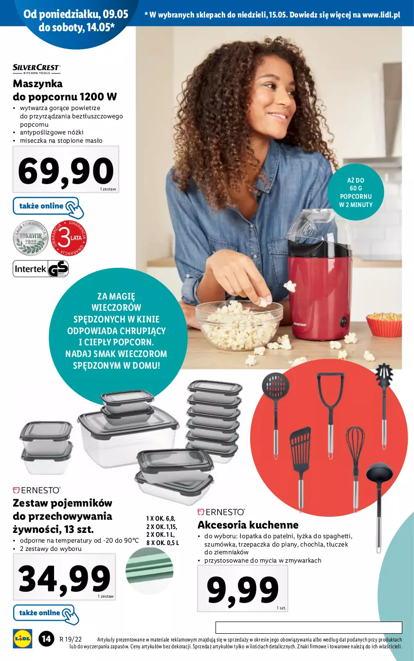 Gazetka promocyjna Lidl - GAZETKA - ważna 09.05 do 15.05.2022 - strona 14 - produkty: Masło, Maszynka, Miseczka, Nuty, Pojemnik, Popcorn, Por, Spaghetti, Szynka, Tłuczek, Top, Trzepaczka, Warka, Zmywarka