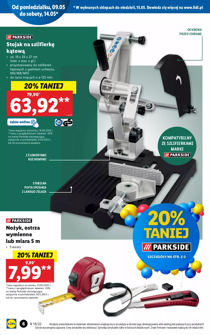 Gazetka promocyjna Lidl - GAZETKA - ważna 09.05 do 15.05.2022 - strona 6 - produkty: Noż, Parkside, Płyta, Stojak, Szlifierka