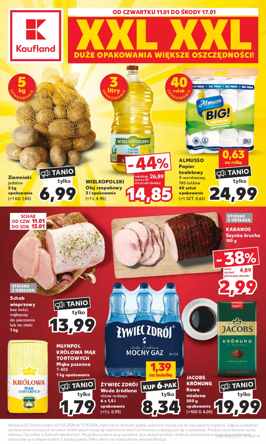 Gazetka promocyjna Kaufland - Gazetka tygodnia - ważna 11.01 do 17.01.2024 - strona 1 - produkty: Jacobs, Jacobs Krönung, Kabanos, Kawa, Kawa mielona, LANA, Mąka, Mąka pszenna, Młynpol, Mus, Olej, Olej rzepakowy, Papier, Papier toaletowy, Piec, Schab wieprzowy, Stek, Szynka, Woda, Ziemniaki