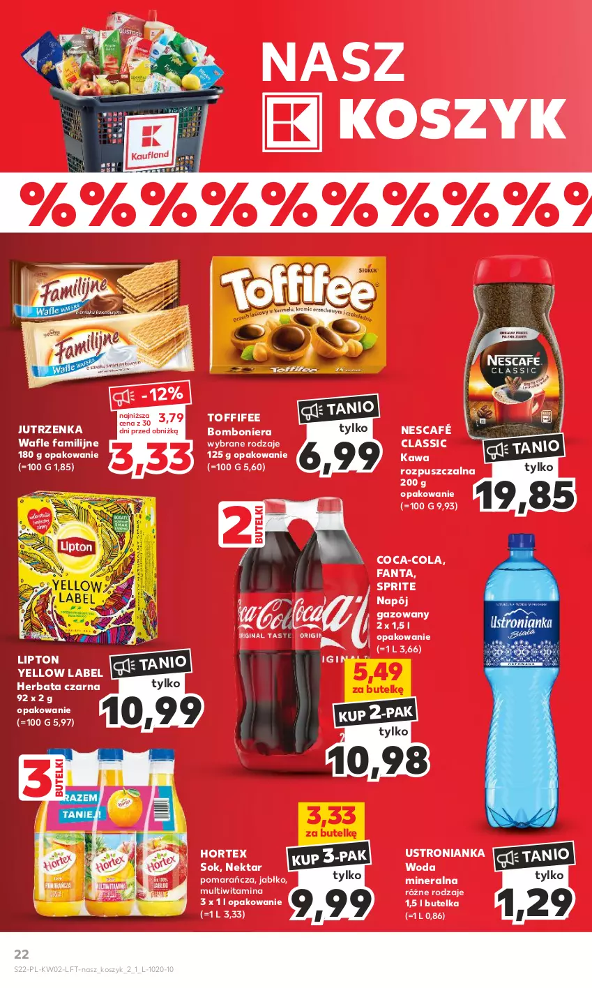 Gazetka promocyjna Kaufland - Gazetka tygodnia - ważna 11.01 do 17.01.2024 - strona 22 - produkty: Bomboniera, Coca-Cola, Fa, Fanta, Herbata, Herbata czarna, Hortex, Jutrzenka, Kawa, Kawa rozpuszczalna, Kosz, Lipton, Napój, Napój gazowany, Nektar, Nescafé, Sok, Sprite, Toffifee, Wafle, Woda, Woda mineralna