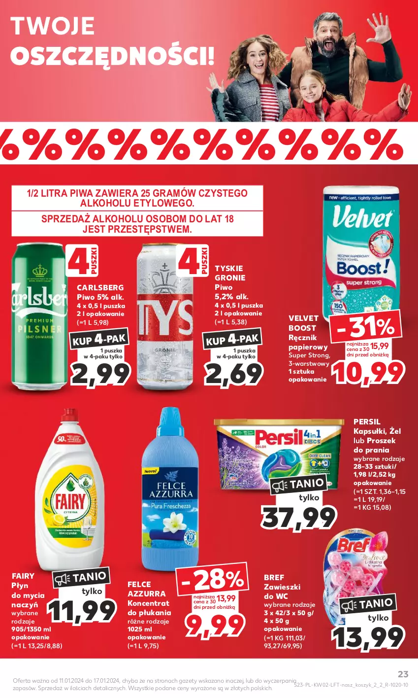 Gazetka promocyjna Kaufland - Gazetka tygodnia - ważna 11.01 do 17.01.2024 - strona 23 - produkty: Bref, Carlsberg, Do mycia naczyń, Fa, Fairy, Gra, Kosz, Papier, Persil, Piwa, Piwo, Płyn do mycia, Płyn do mycia naczyń, Proszek do prania, Ręcznik, Tyskie, Velvet, Zawieszki