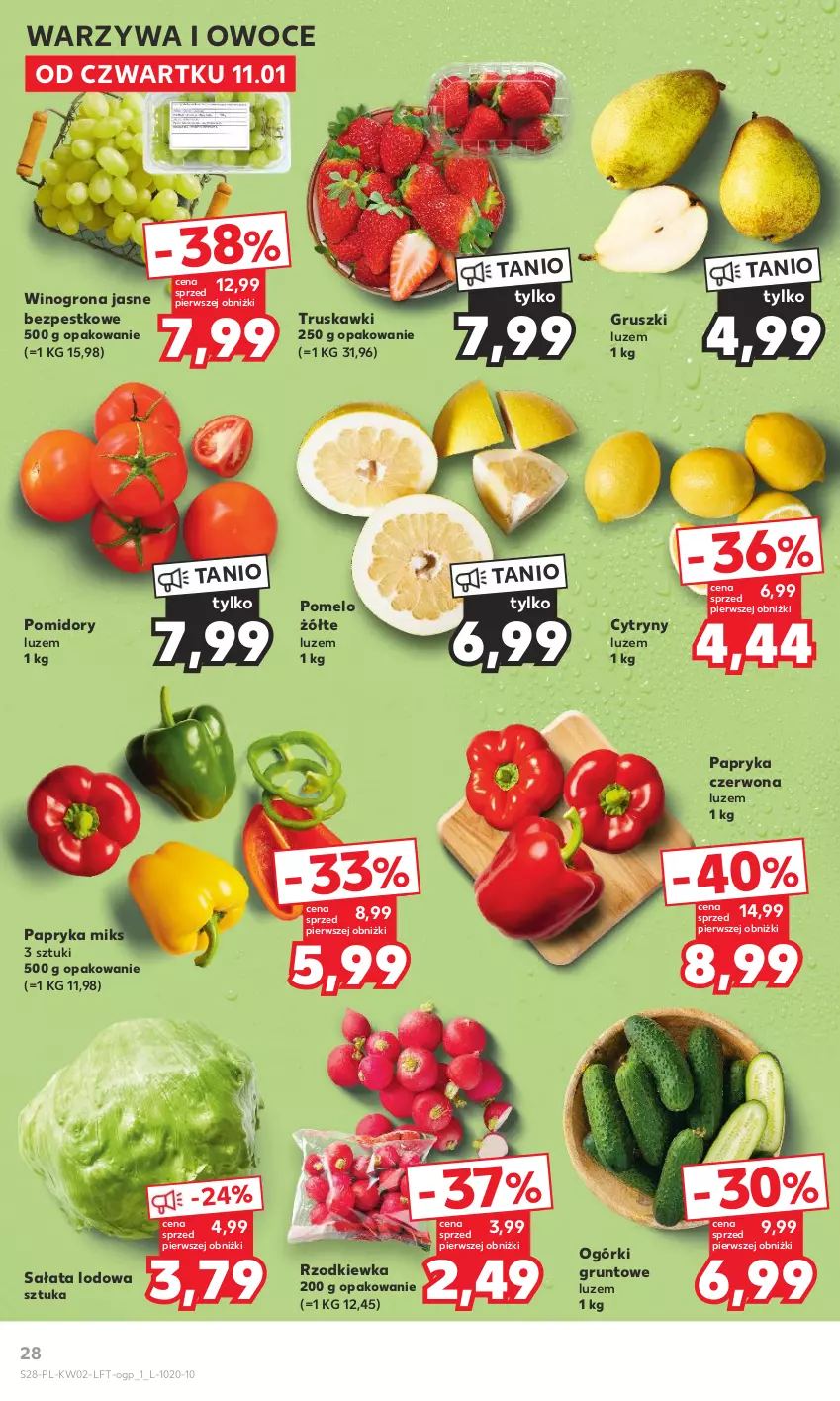Gazetka promocyjna Kaufland - Gazetka tygodnia - ważna 11.01 do 17.01.2024 - strona 28 - produkty: Cytryny, Grunt, Gruszki, Owoce, Papryka, Papryka czerwona, Pomelo, Pomidory, Rzodkiewka, Sałat, Sałata lodowa, Truskawki, Warzywa, Warzywa i owoce, Wino, Winogrona