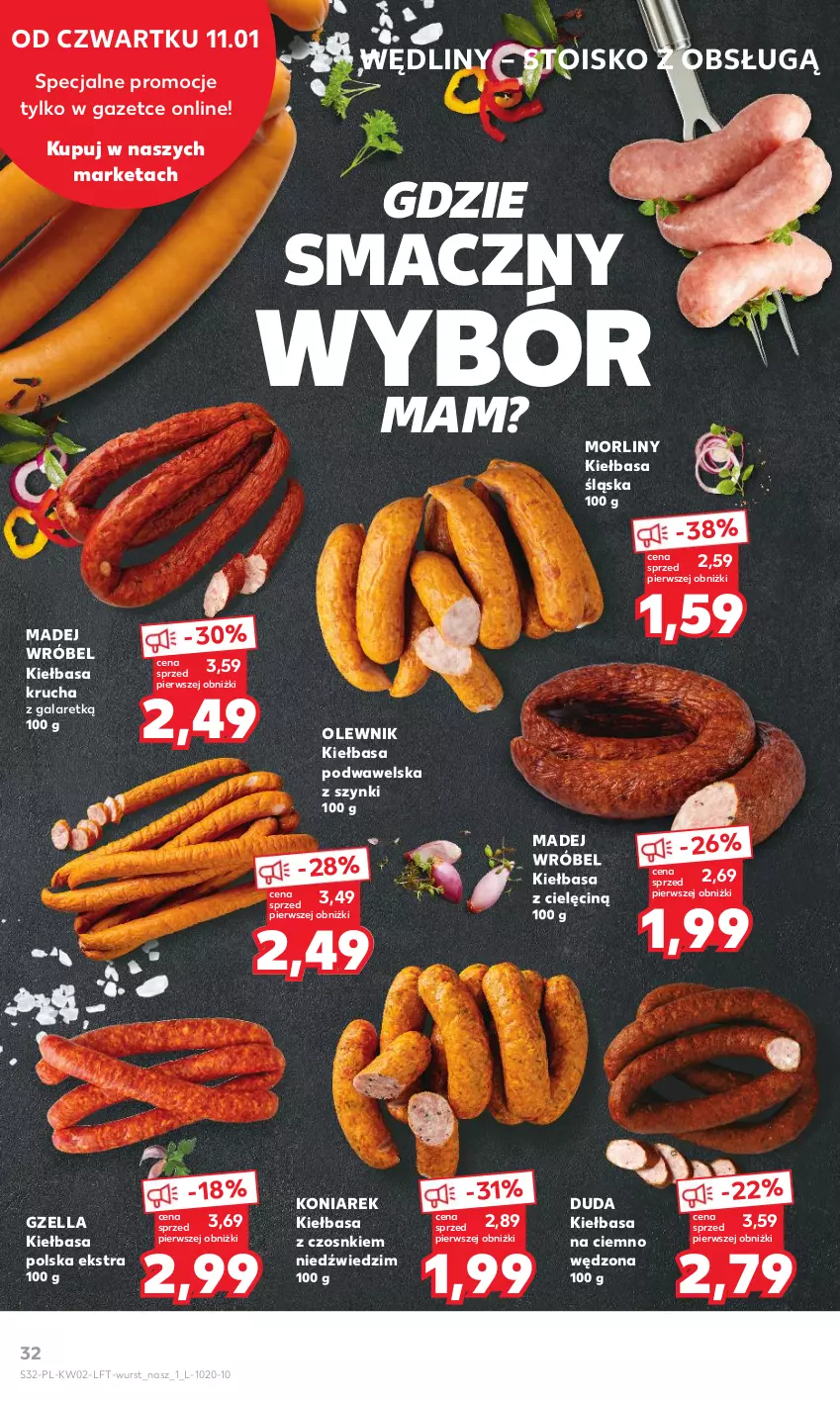 Gazetka promocyjna Kaufland - Gazetka tygodnia - ważna 11.01 do 17.01.2024 - strona 32 - produkty: Duda, Gala, Kiełbasa, Kiełbasa krucha, Kiełbasa podwawelska, Kiełbasa śląska, Madej Wróbel, Morliny, Olewnik, Wawel